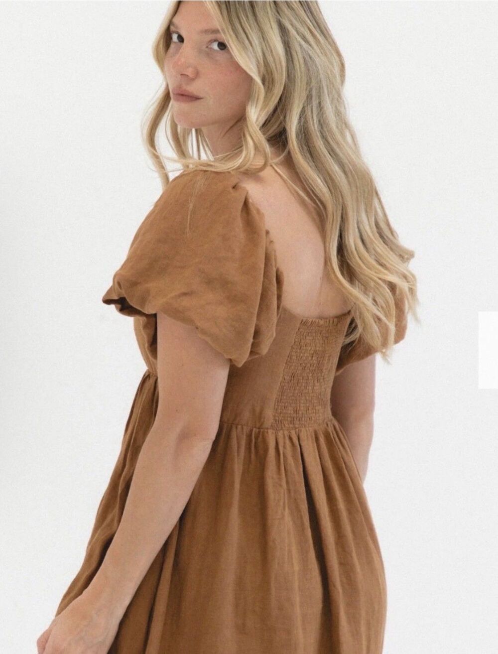 SOLAI The Label French Riviera Linen Maxi Dress L Puff Sleeve Peasant Ren Fair - Picture 16 of 16